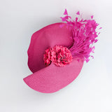 Fuchsia pink large woven straw flower feather fascinator hat - House of Hats