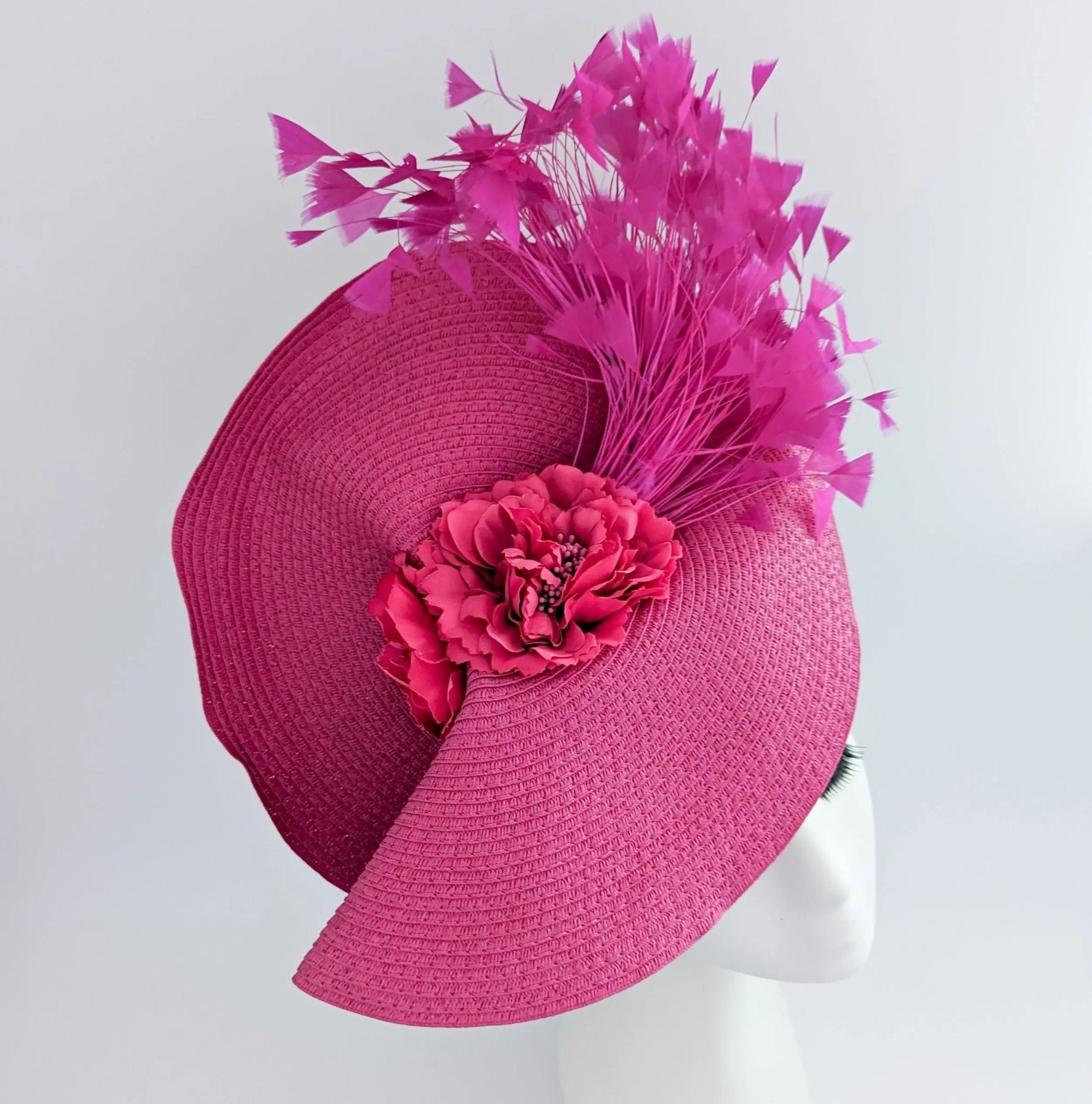 Fuchsia pink large woven straw flower feather fascinator hat - House of Hats