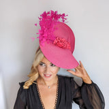 Fuchsia pink large woven straw flower feather fascinator hat - House of Hats