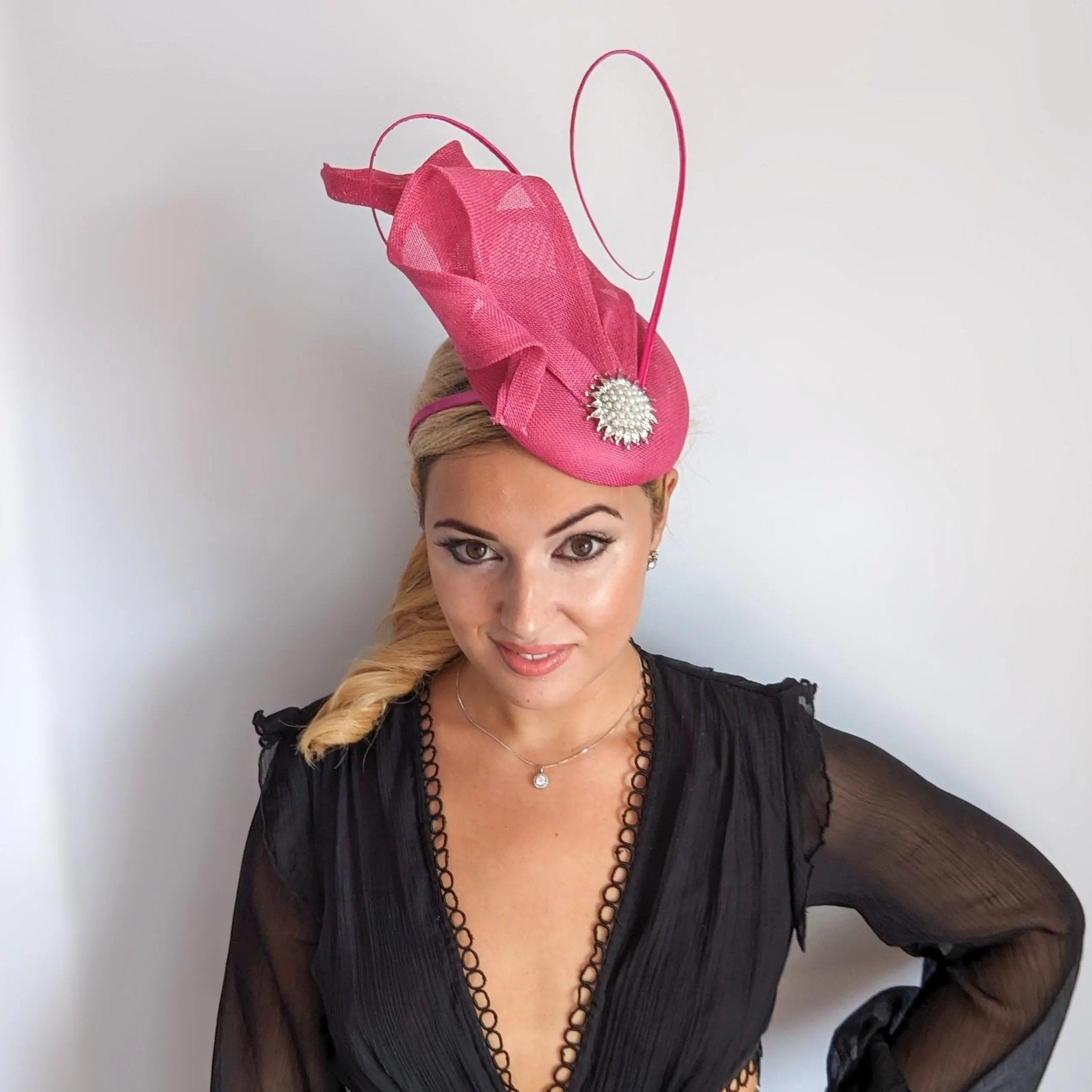 Fuchsia pink pearl fascinator hat - House of Hats