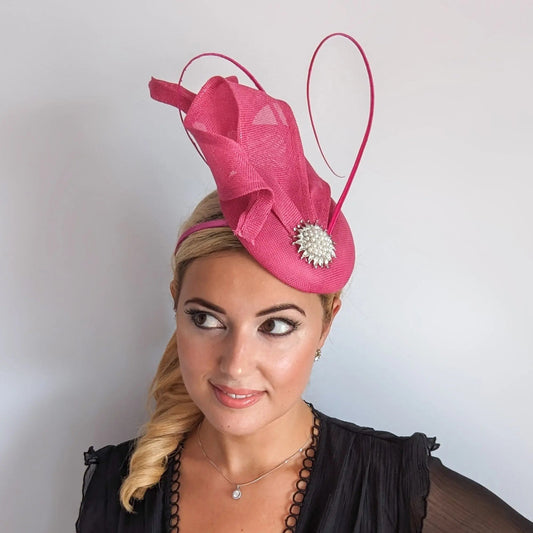 Fuchsia pink pearl fascinator hat - House of Hats