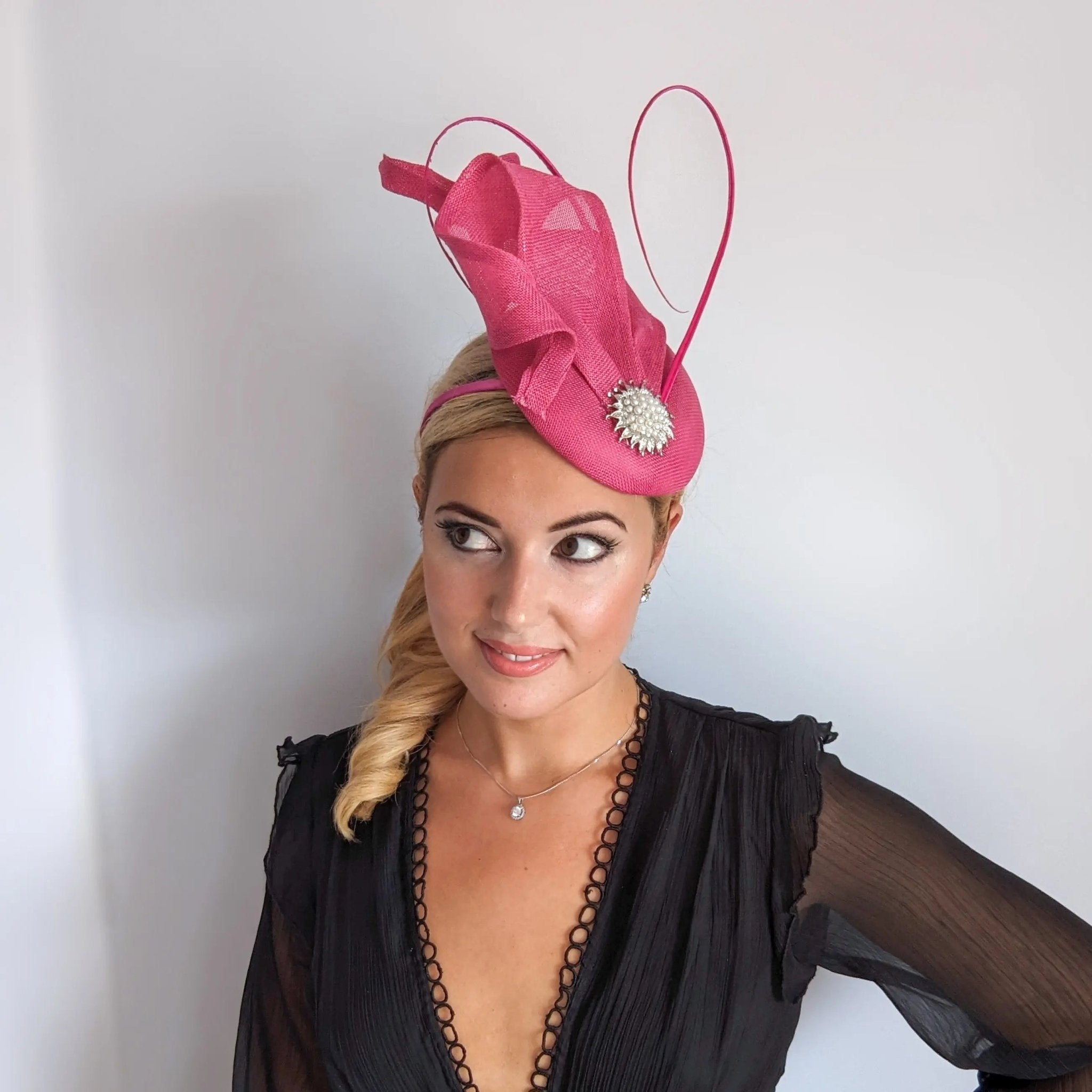 Fuchsia pink pearl fascinator hat - House of Hats