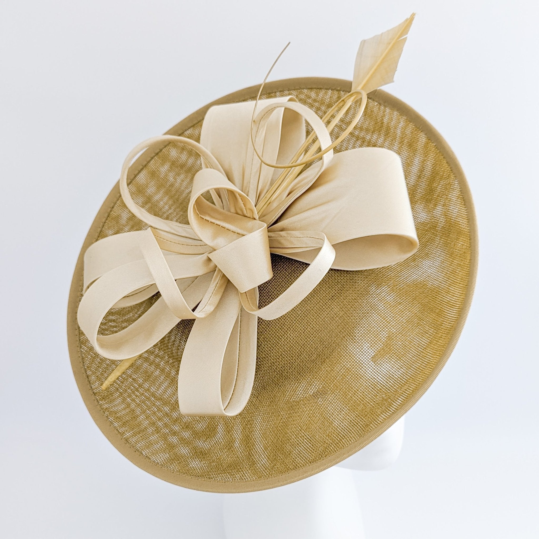 Gold feather large saucer disc fascinator hat - House of Hats