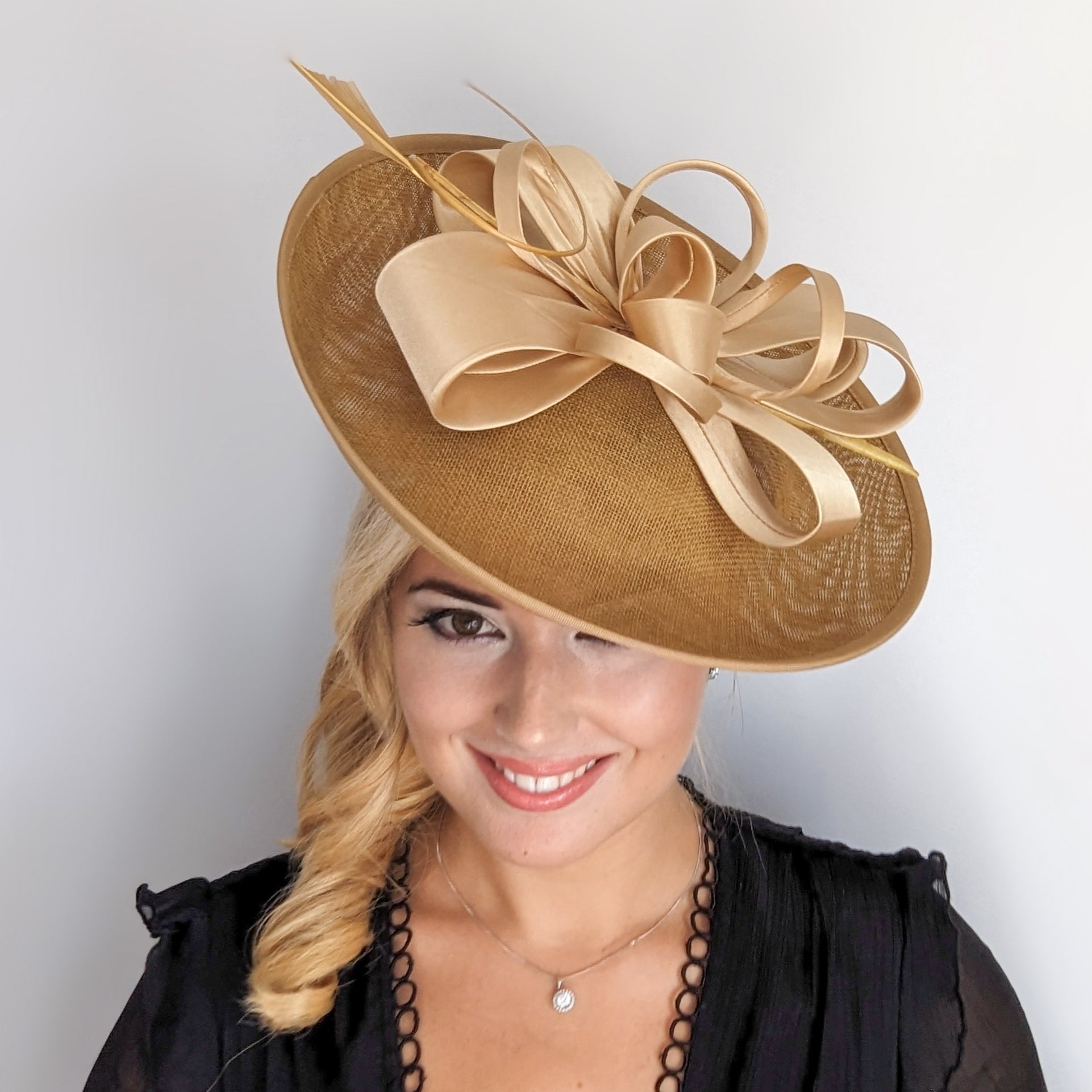 Gold feather large saucer disc fascinator hat - House of Hats