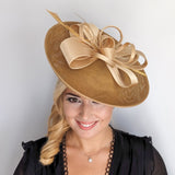Gold feather large saucer disc fascinator hat - House of Hats