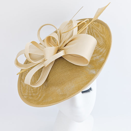Gold feather large saucer disc fascinator hat - House of Hats