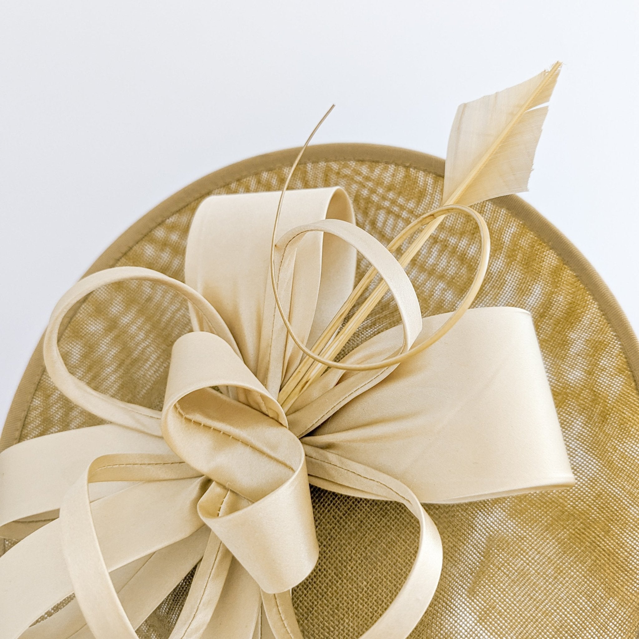 Gold feather large saucer disc fascinator hat - House of Hats