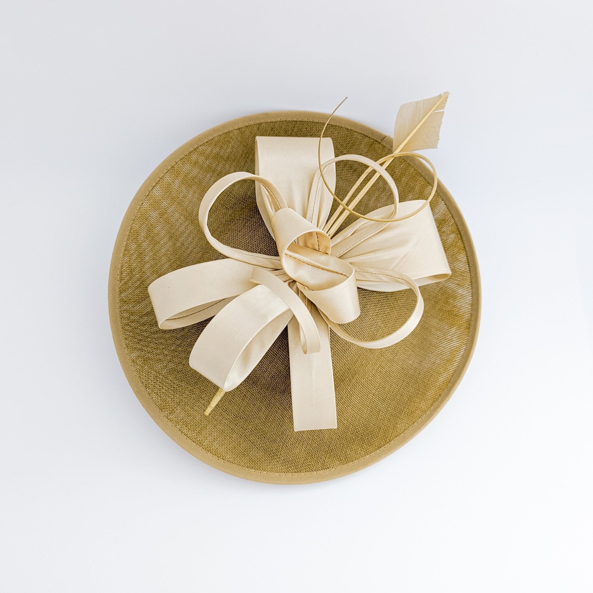 Gold feather large saucer disc fascinator hat - House of Hats