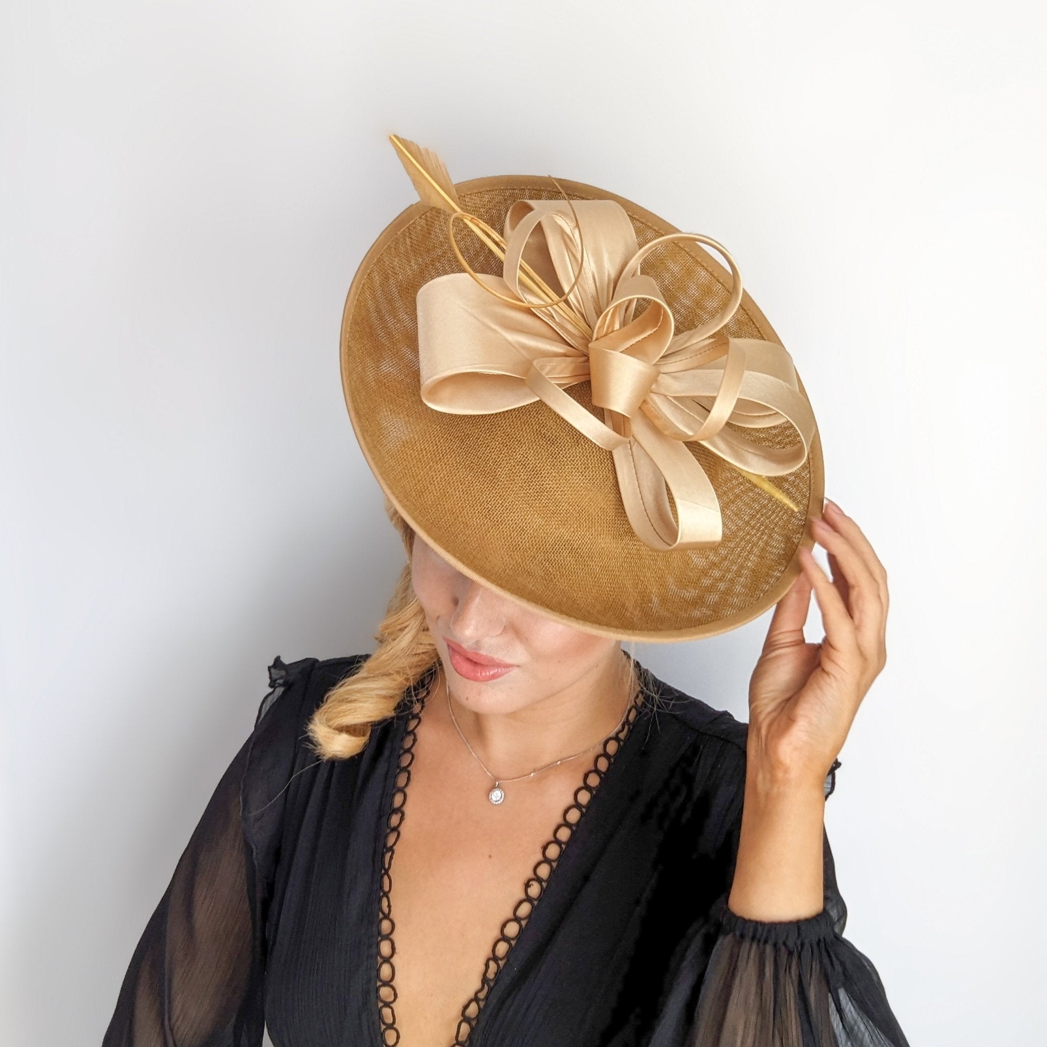Gold feather large saucer disc fascinator hat - House of Hats