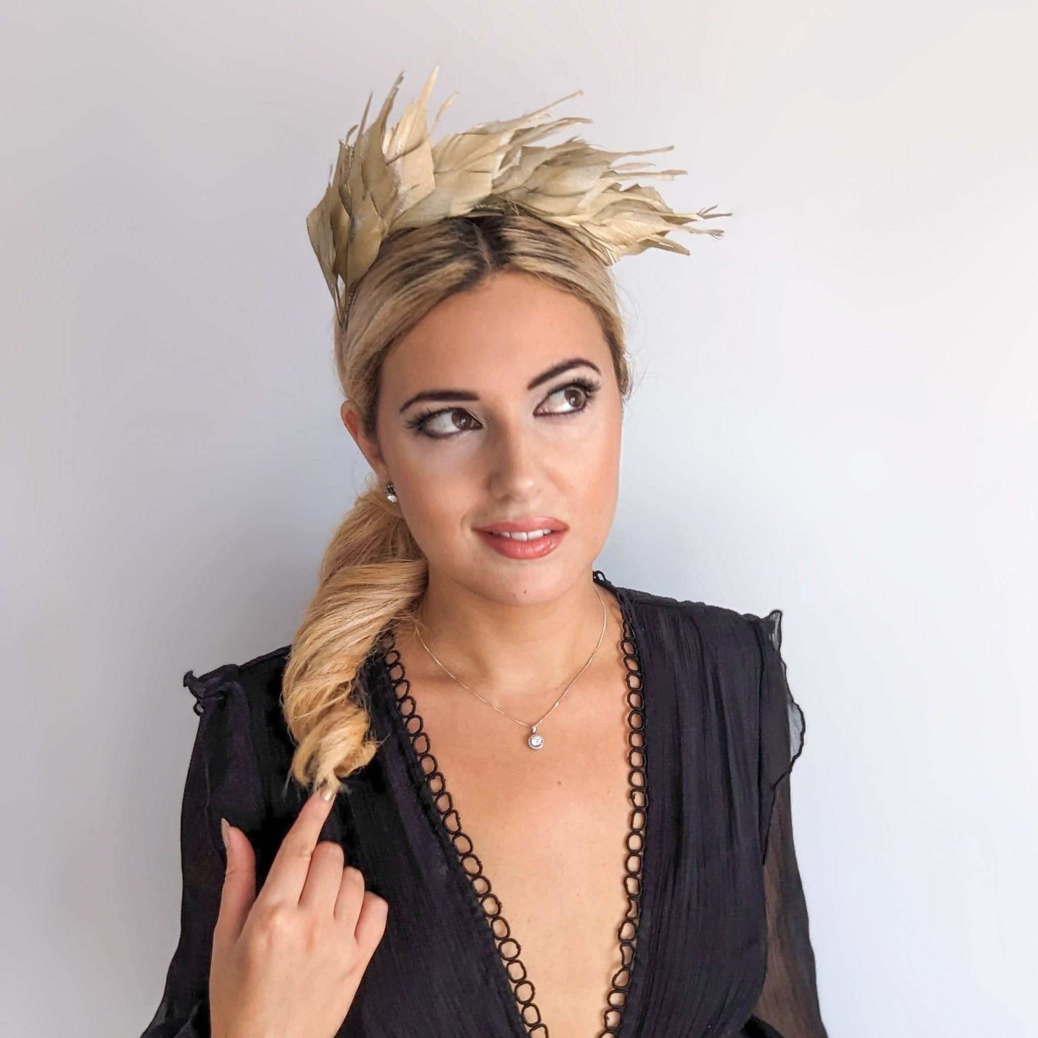 Gold metallic shimmer feather headband fascinator - House of Hats
