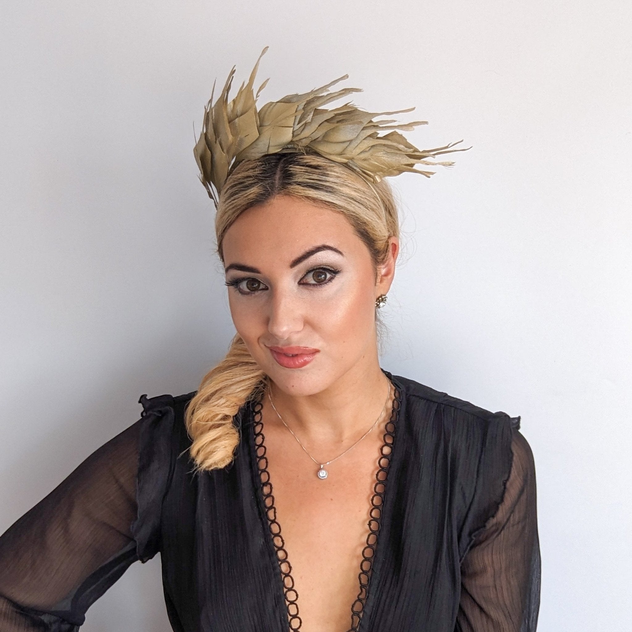 Gold metallic shimmer feather headband fascinator - House of Hats