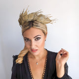 Gold metallic shimmer feather headband fascinator - House of Hats