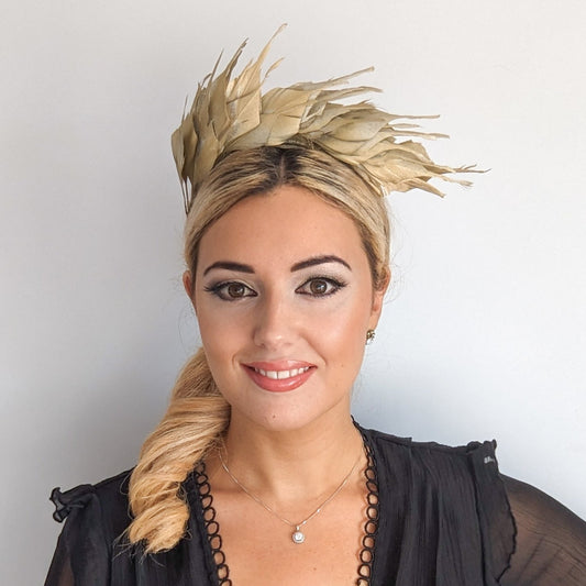 Gold metallic shimmer feather headband fascinator - House of Hats