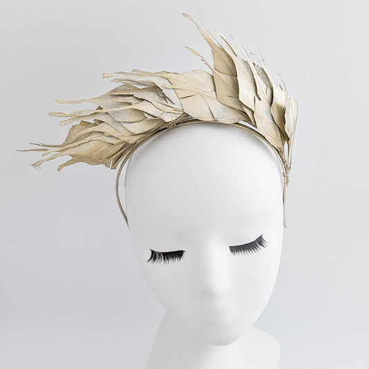 Gold metallic shimmer feather headband fascinator - House of Hats
