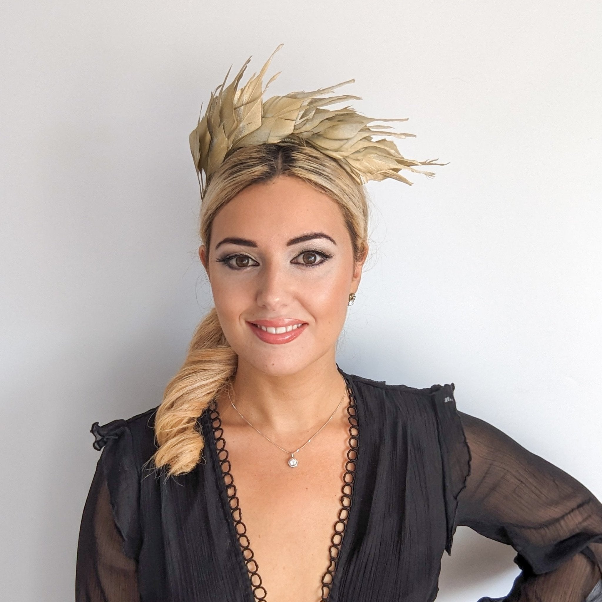 Gold metallic shimmer feather headband fascinator - House of Hats