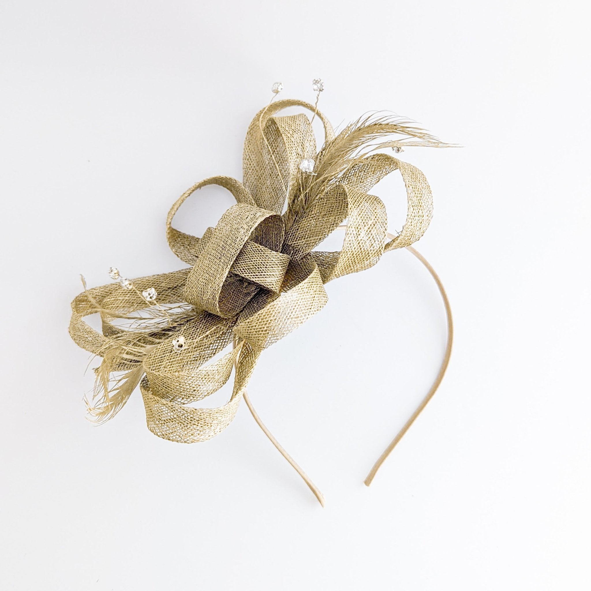 Gold shimmer crystal feather fascinator hat - House of Hats
