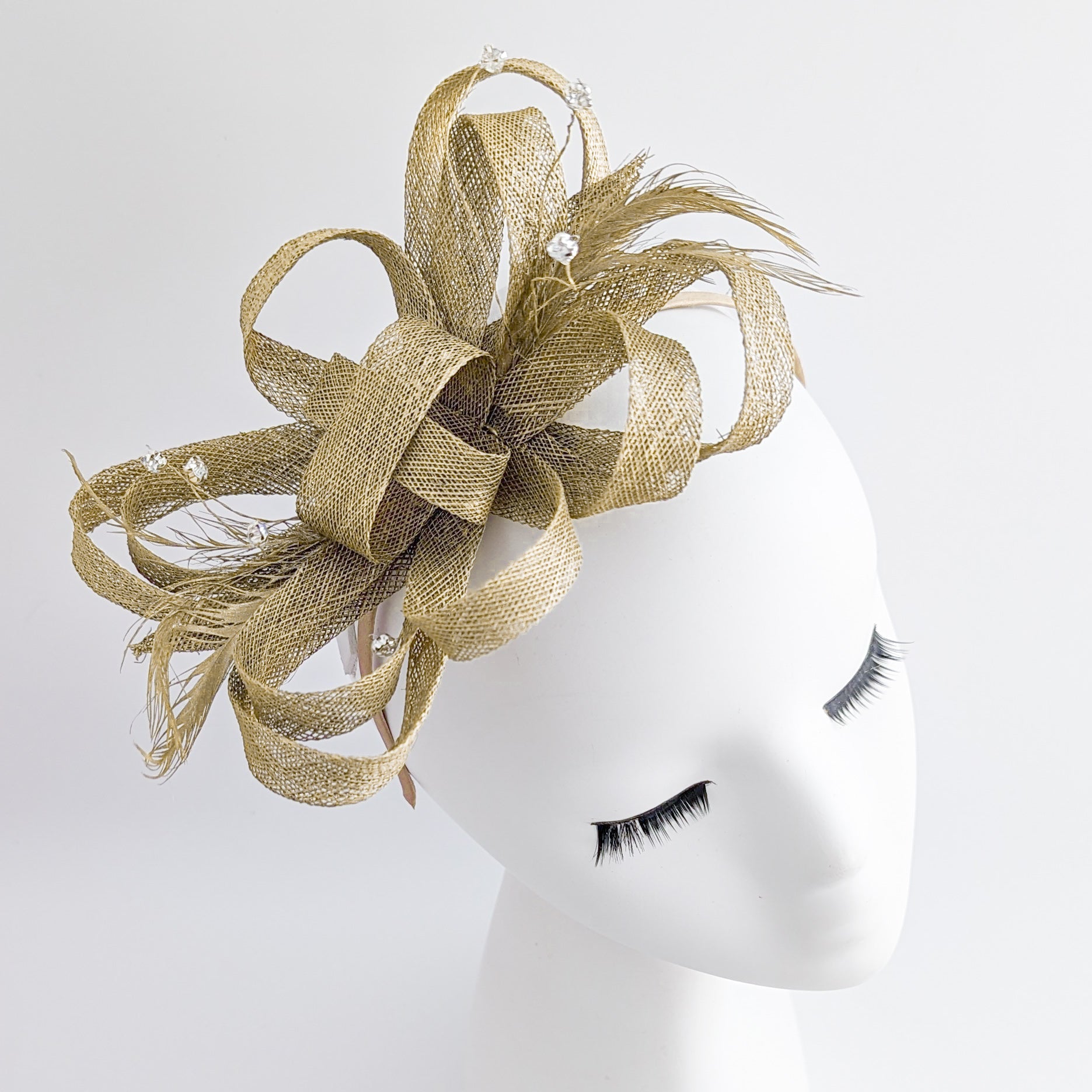 Gold shimmer crystal feather fascinator hat - House of Hats