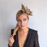 Gold shimmer crystal feather fascinator hat - House of Hats
