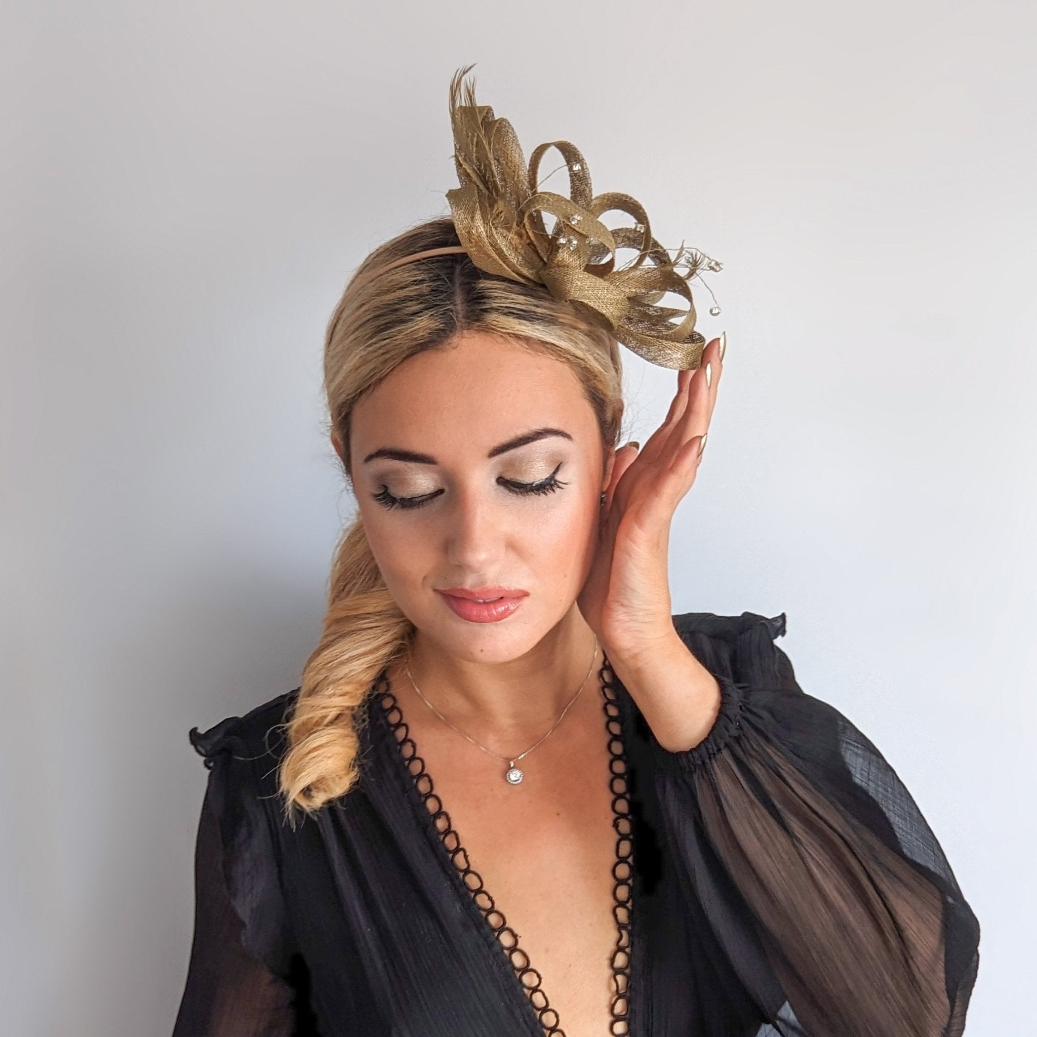Gold shimmer crystal feather fascinator hat - House of Hats