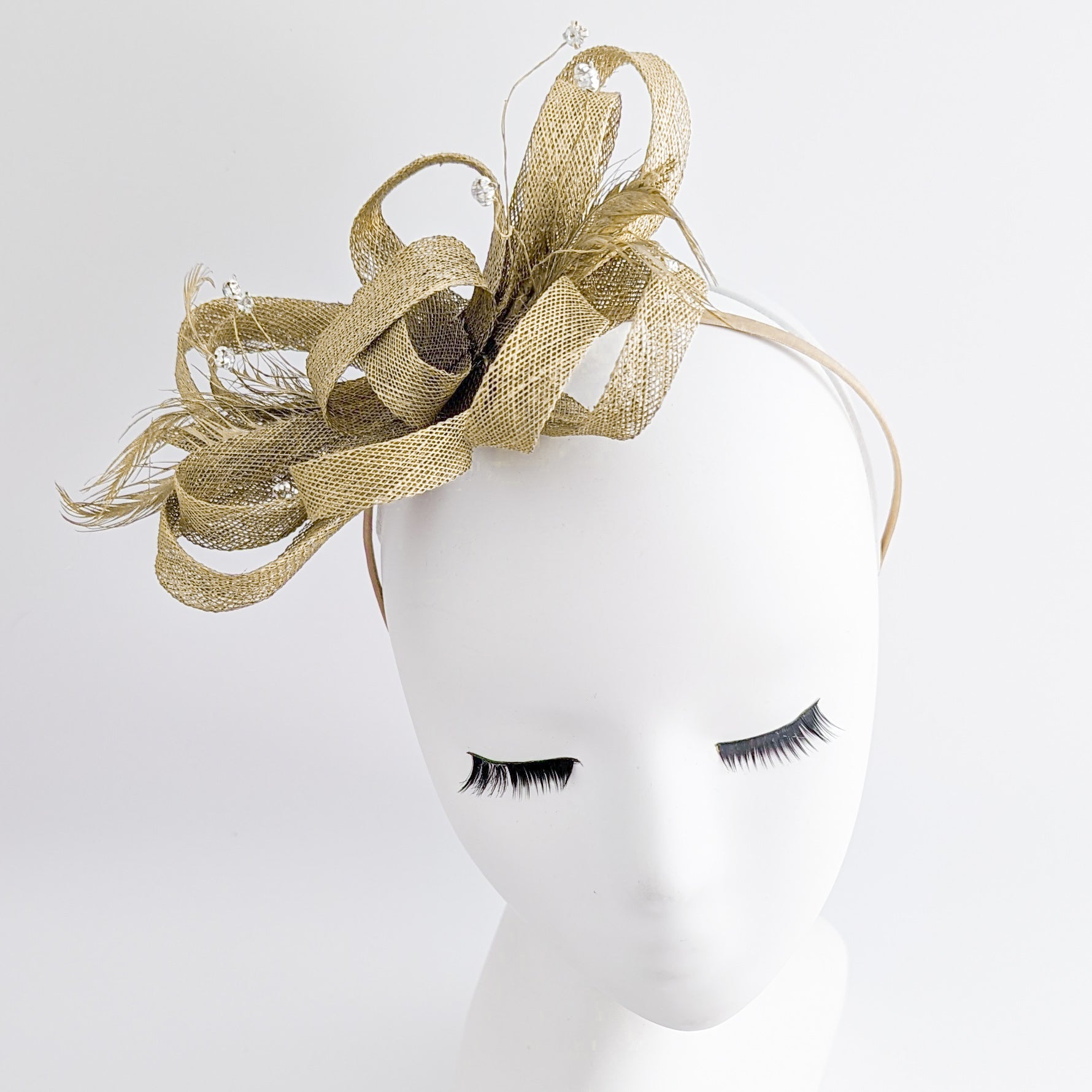 Gold shimmer crystal feather fascinator hat - House of Hats