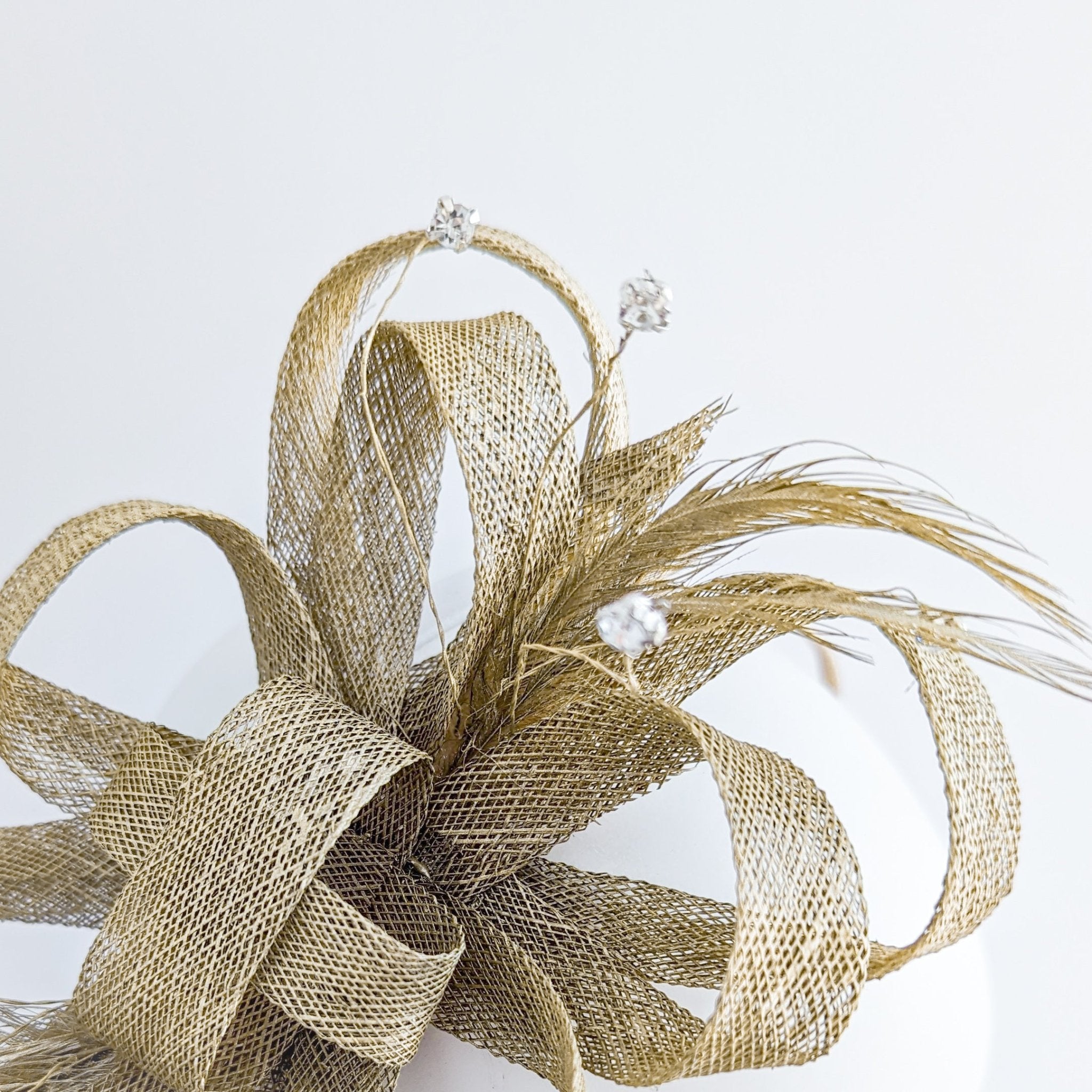 Gold shimmer crystal feather fascinator hat - House of Hats
