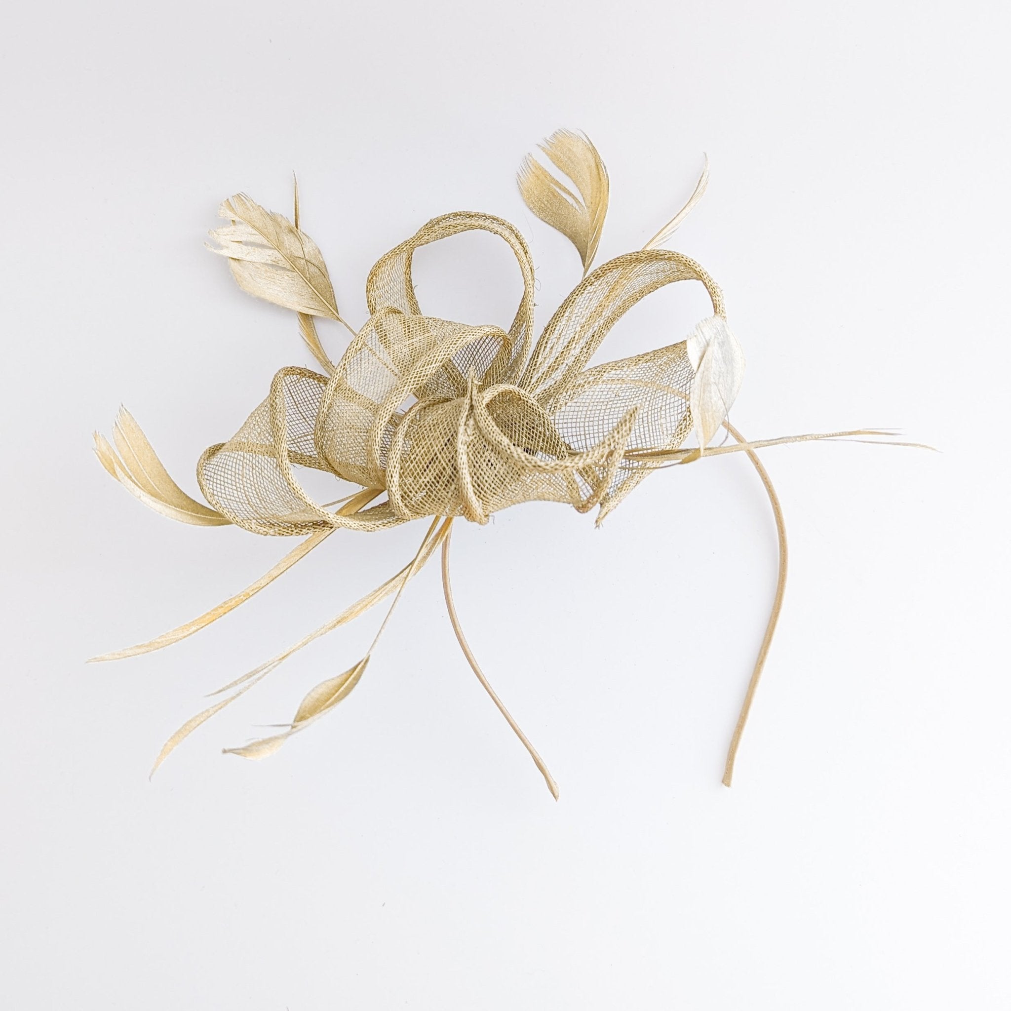 Gold shimmer feather fascinator hat - House of Hats