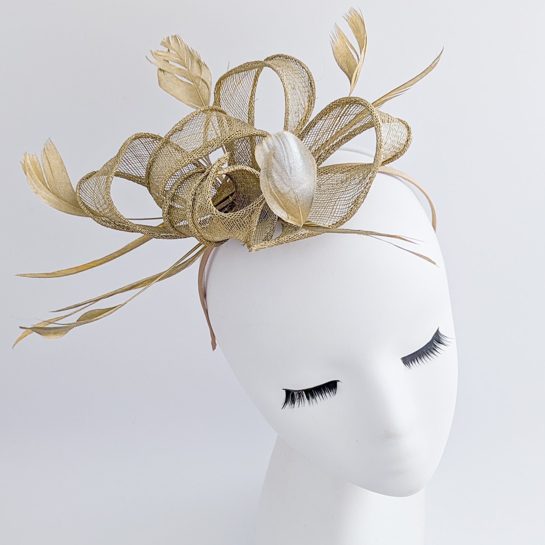 Gold shimmer feather fascinator hat - House of Hats