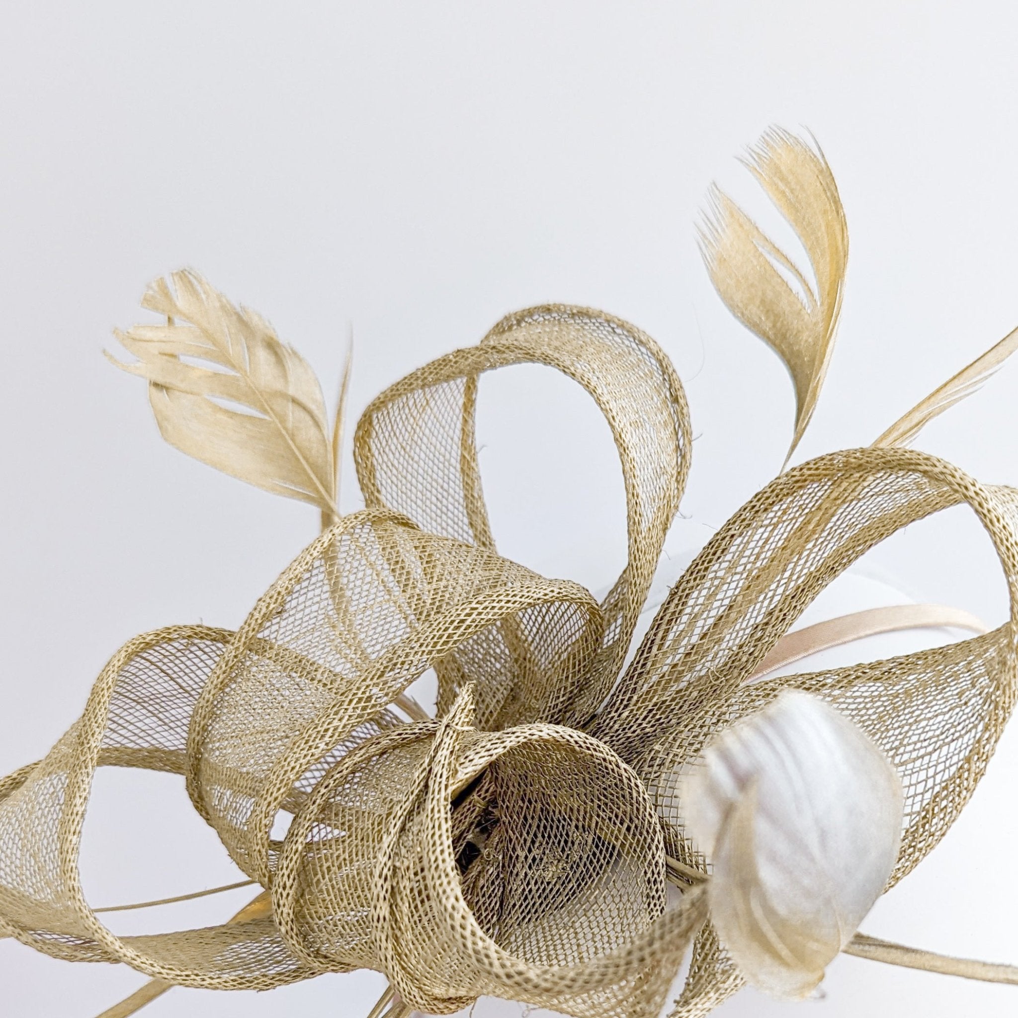 Gold shimmer feather fascinator hat - House of Hats