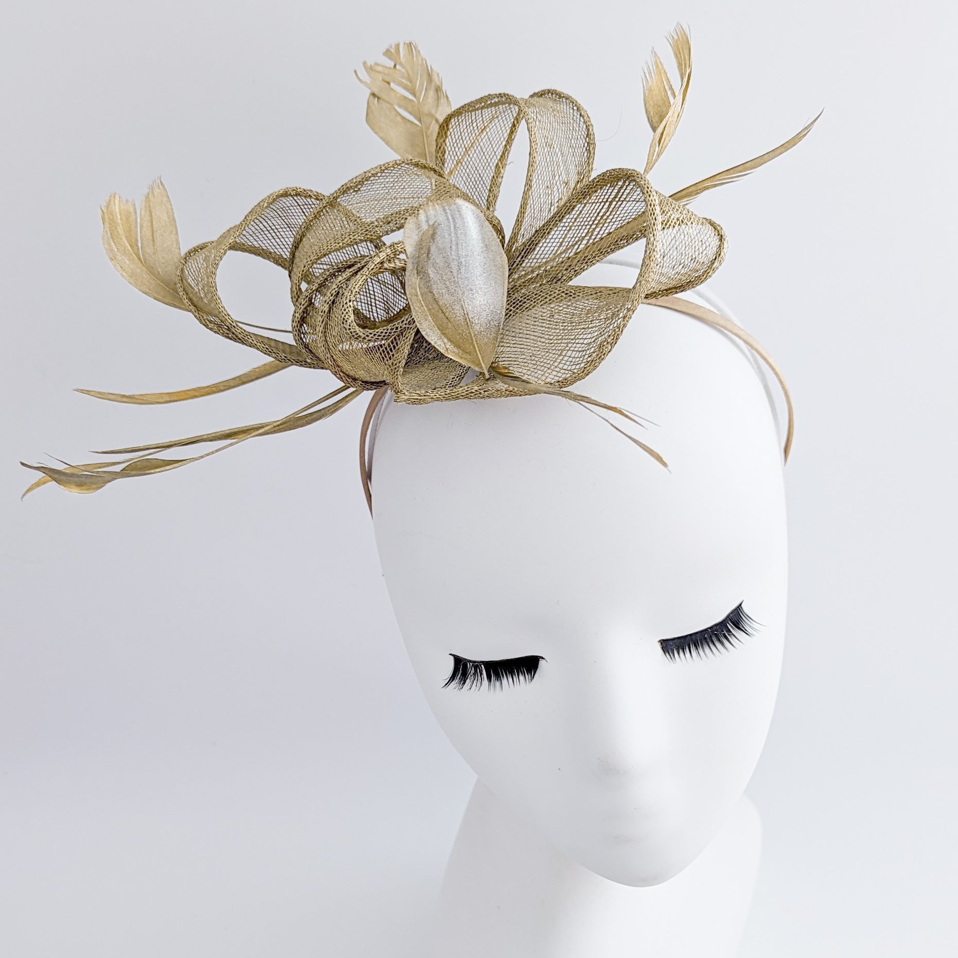 Gold shimmer feather fascinator hat - House of Hats