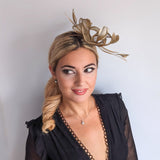 Gold shimmer feather fascinator hat - House of Hats