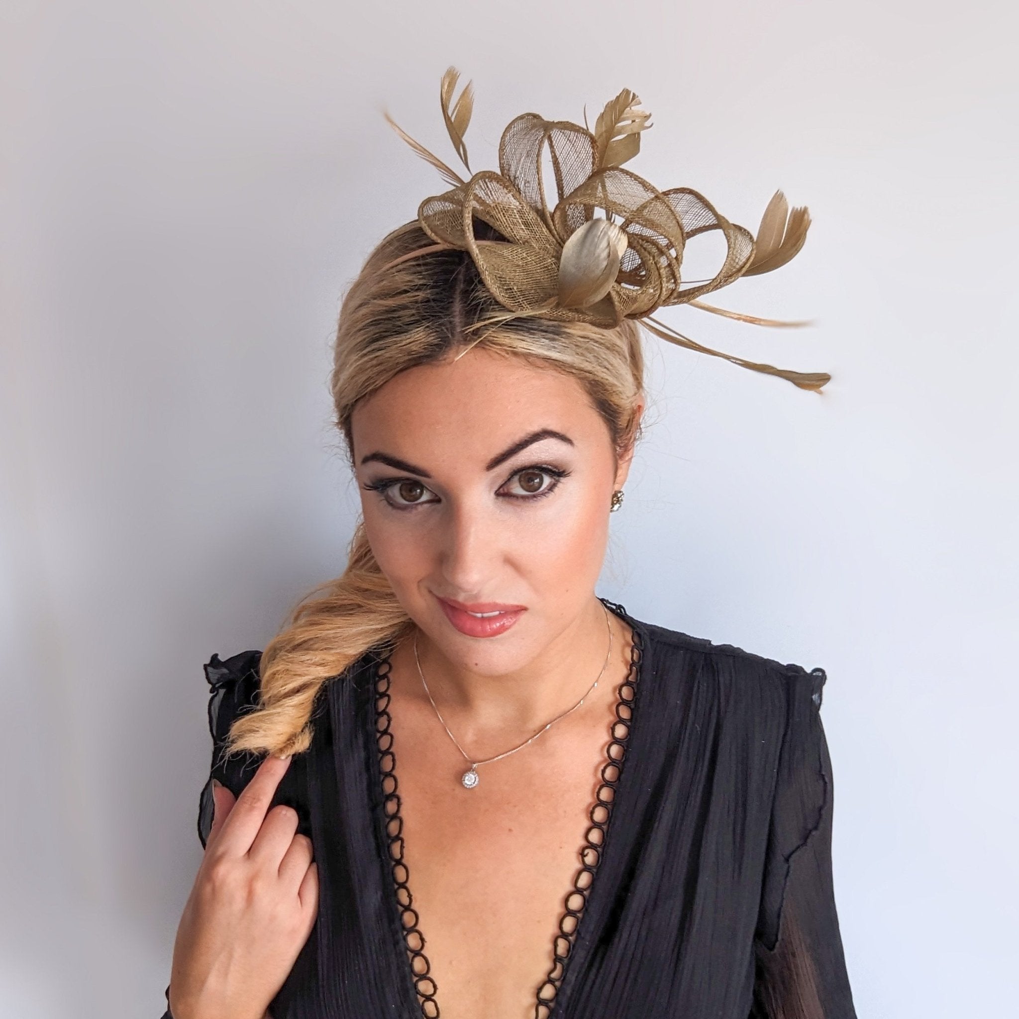 Gold shimmer feather fascinator hat - House of Hats