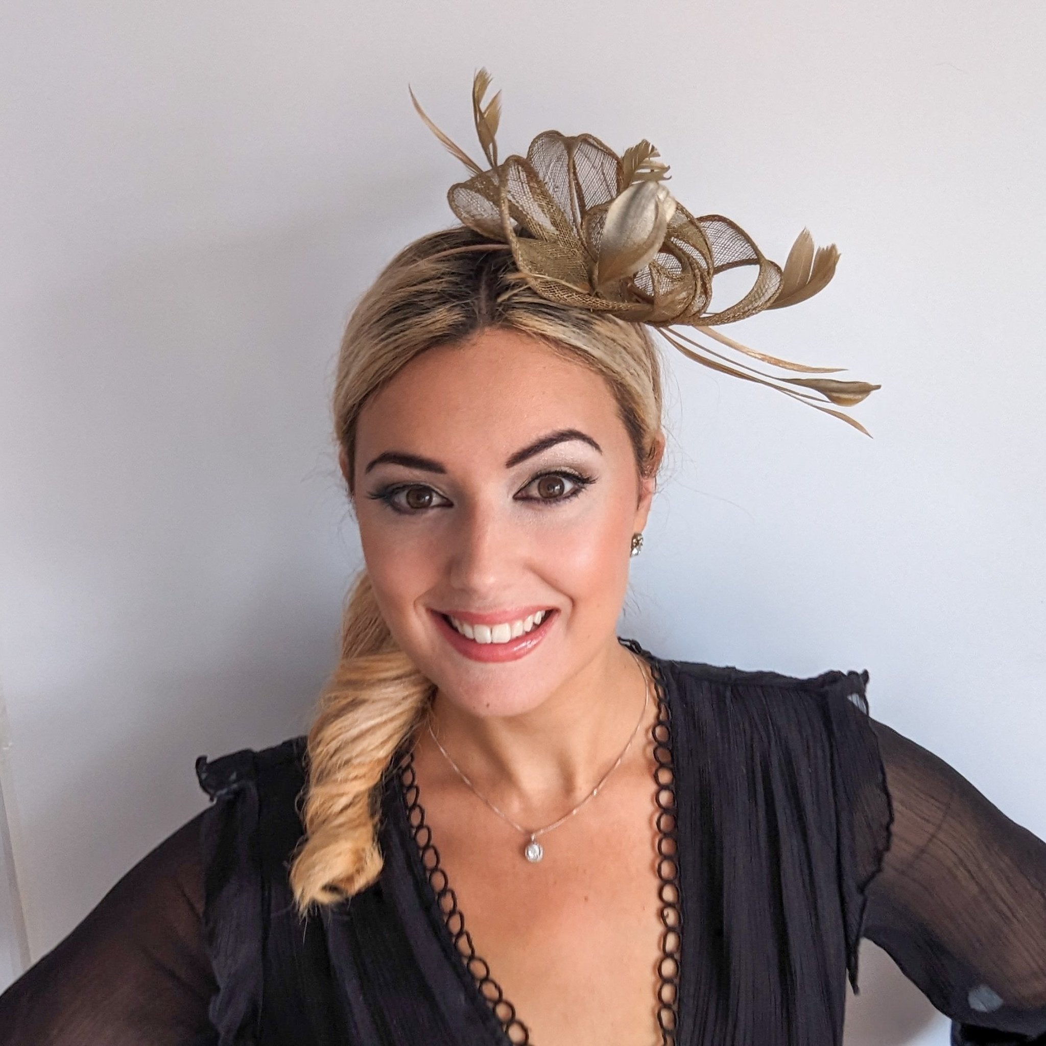 Gold shimmer feather fascinator hat - House of Hats