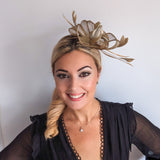 Gold shimmer feather fascinator hat - House of Hats