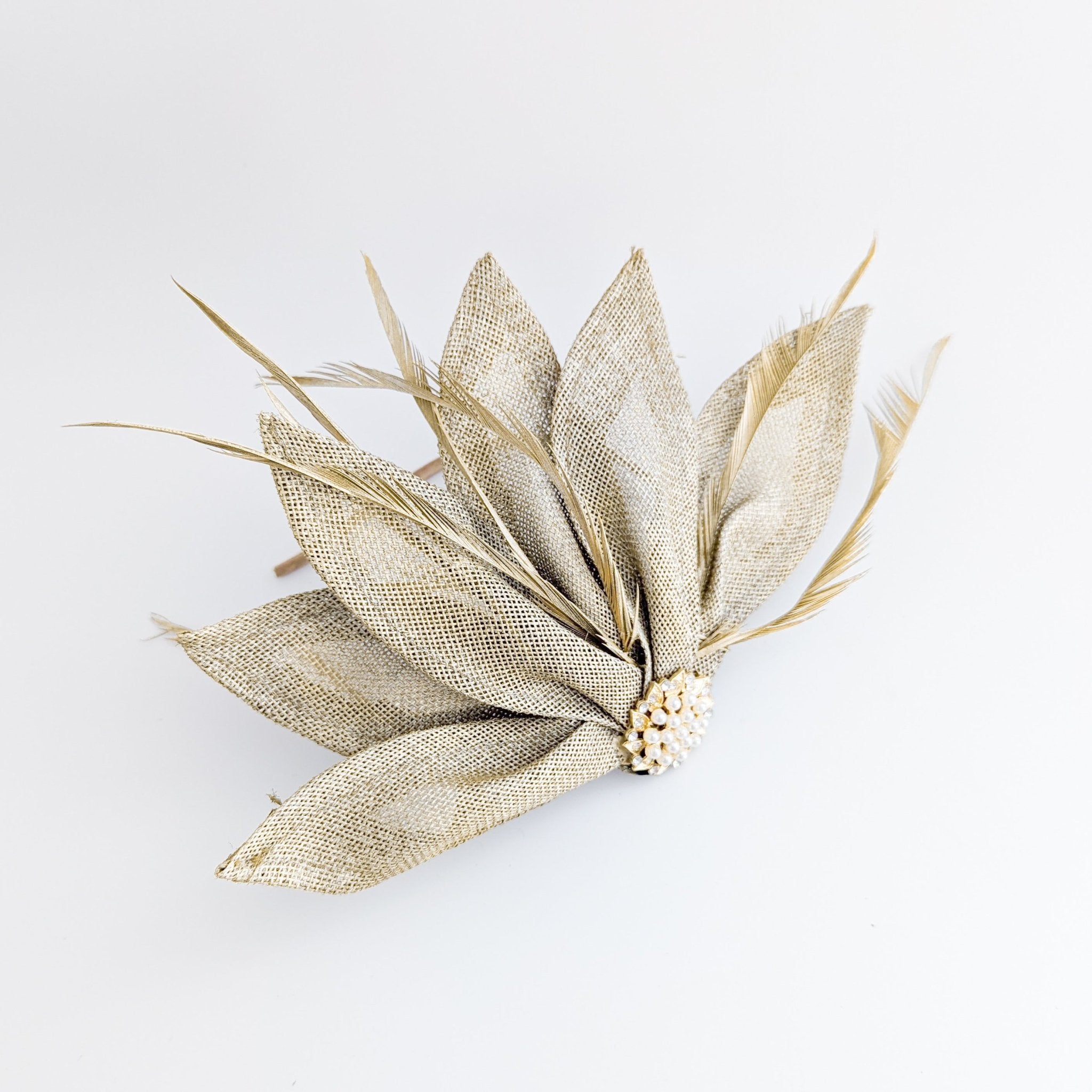 Gold shimmer feather petal fan fascinator hat - House of Hats