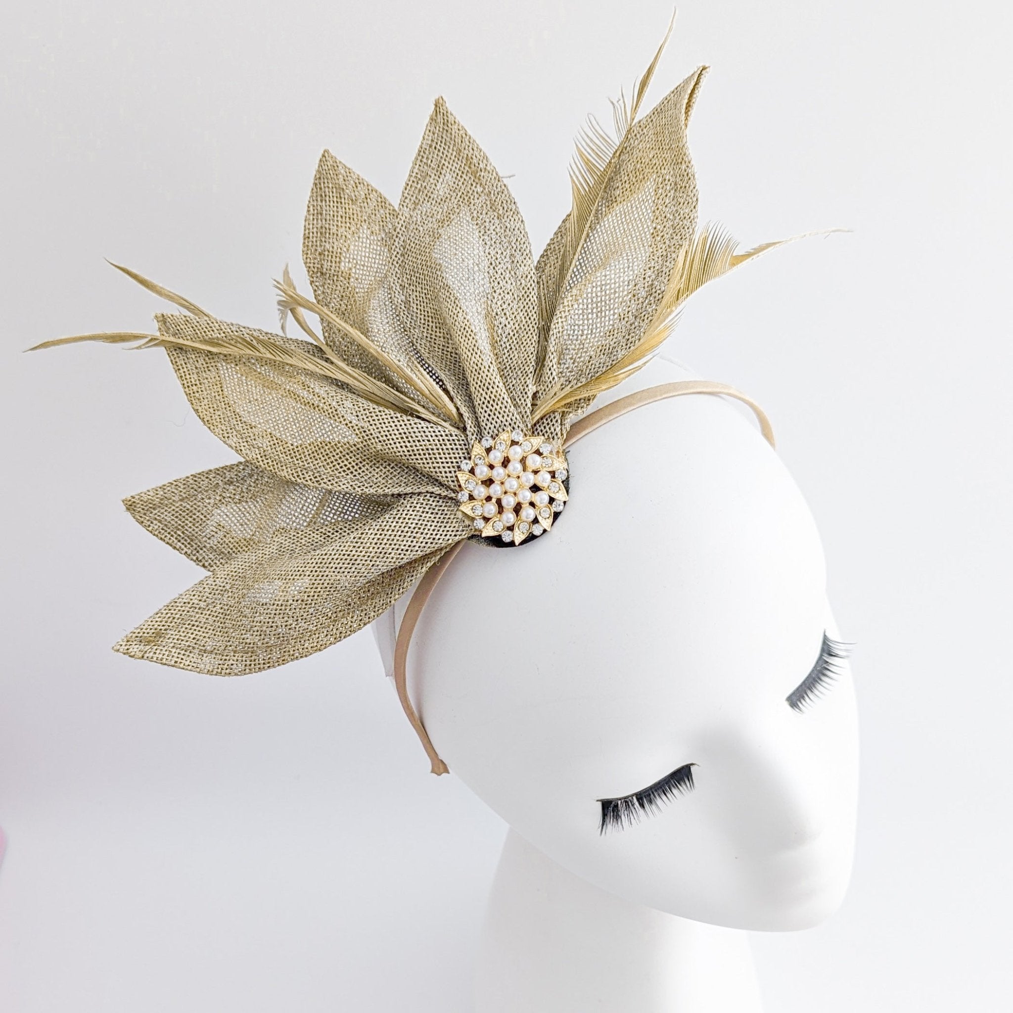 Gold shimmer feather petal fan fascinator hat - House of Hats