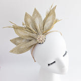 Gold shimmer feather petal fan fascinator hat - House of Hats