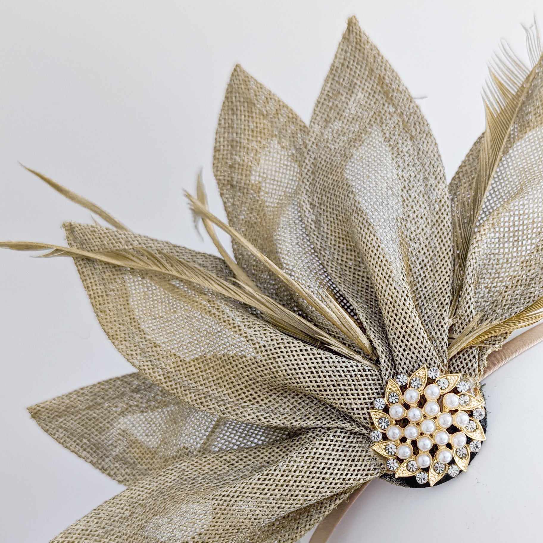 Gold shimmer feather petal fan fascinator hat - House of Hats