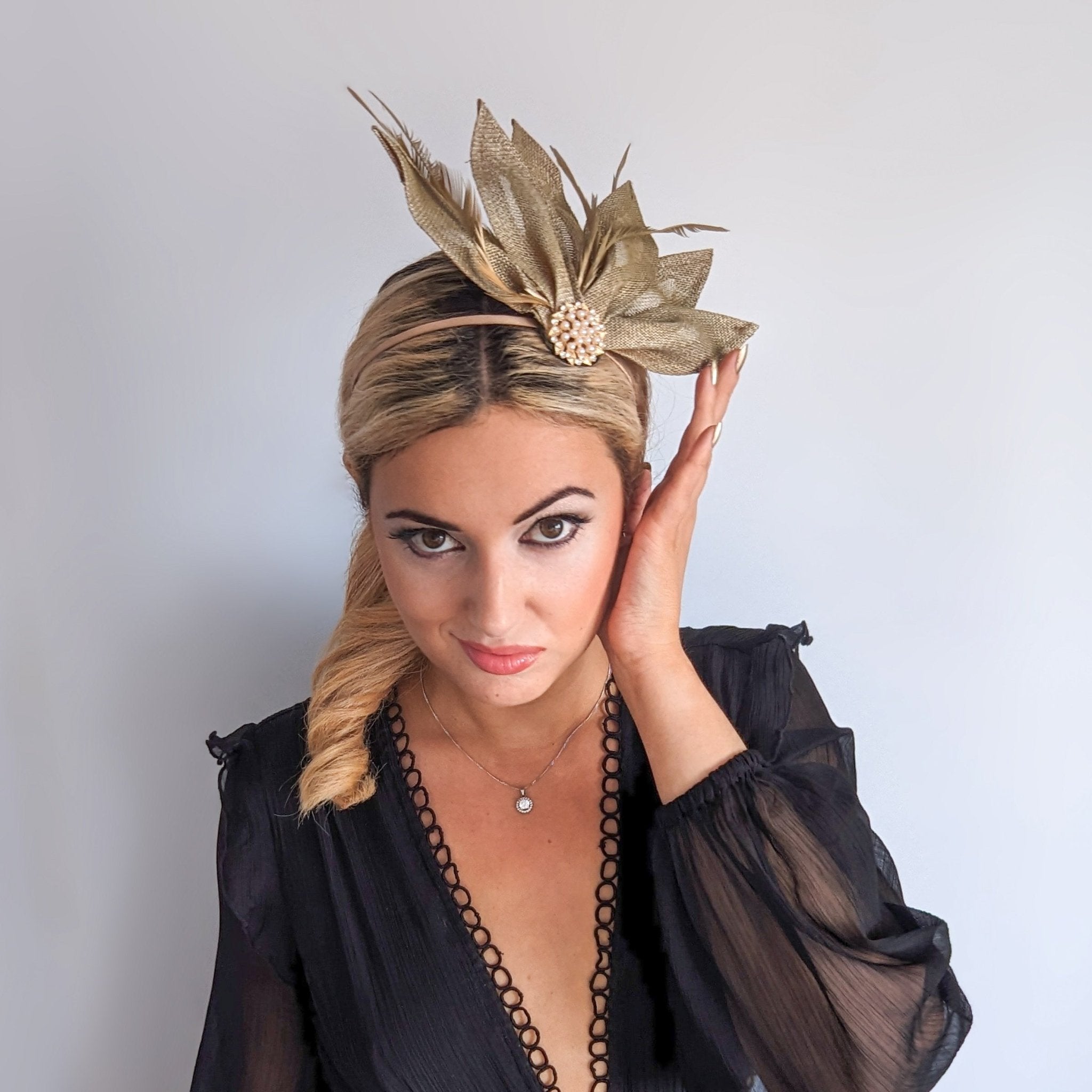 Gold shimmer feather petal fan fascinator hat - House of Hats