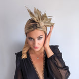 Gold shimmer feather petal fan fascinator hat - House of Hats