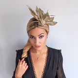 Gold shimmer feather petal fan fascinator hat - House of Hats