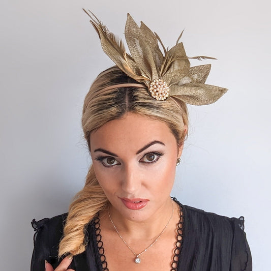 Gold shimmer feather petal fan fascinator hat - House of Hats