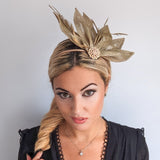 Gold shimmer feather petal fan fascinator hat - House of Hats
