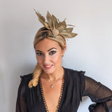 Gold shimmer feather petal fan fascinator hat - House of Hats
