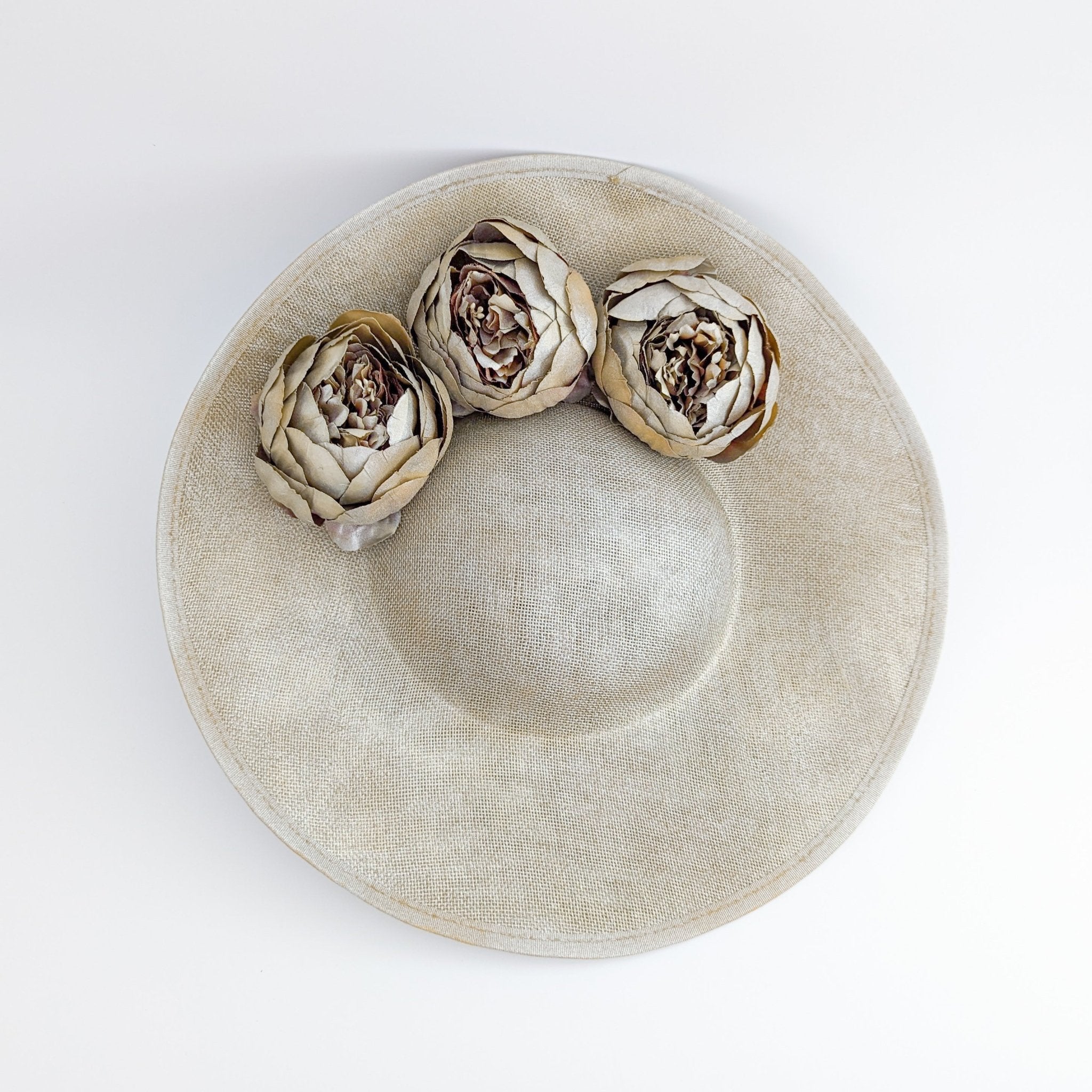 Gold shimmer flower large saucer disc fascinator hat - House of Hats