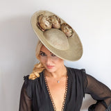 Gold shimmer flower large saucer disc fascinator hat - House of Hats