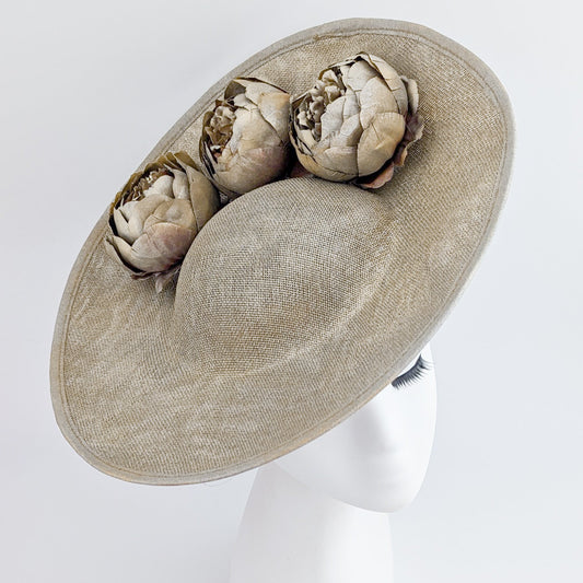 Gold shimmer flower large saucer disc fascinator hat - House of Hats