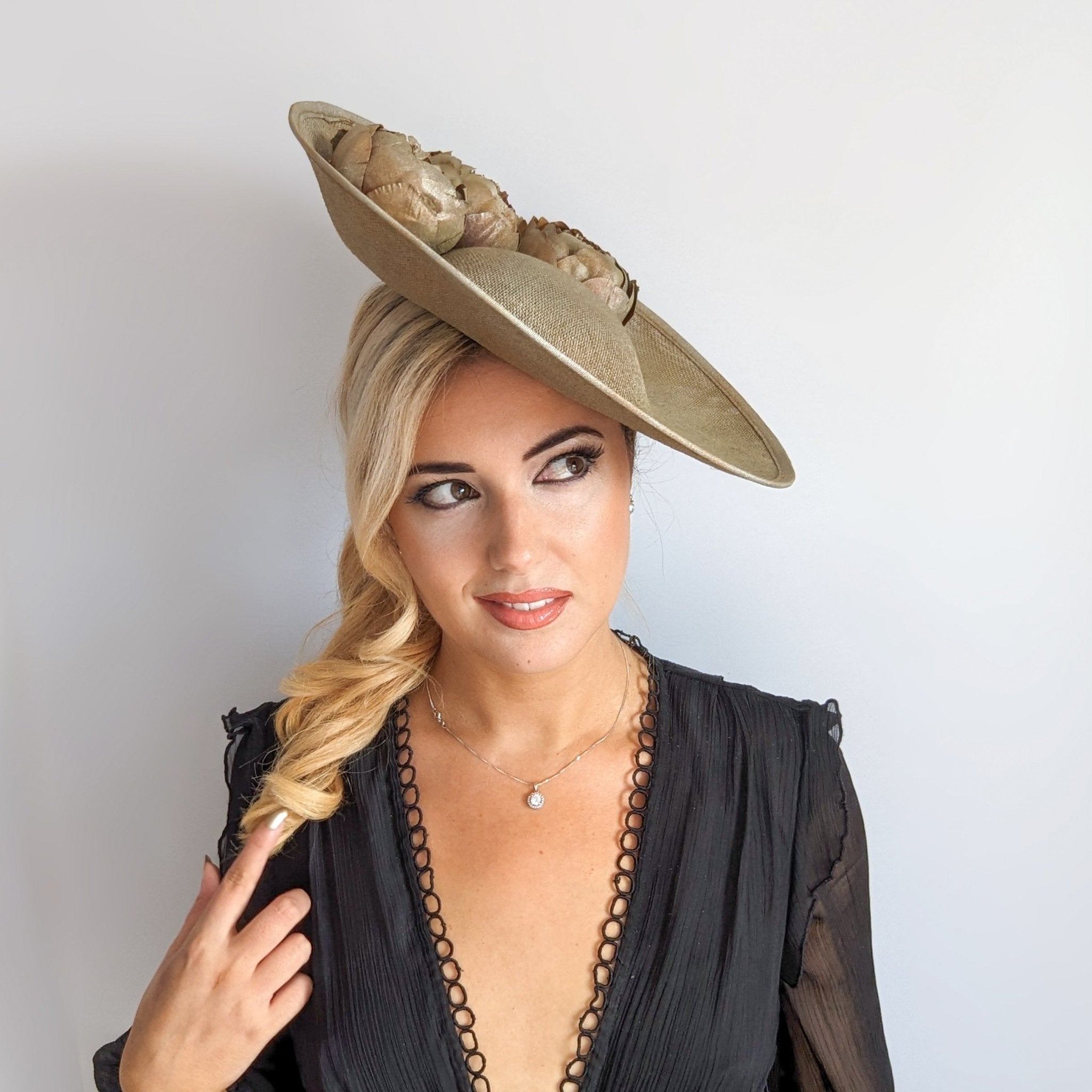Gold shimmer flower large saucer disc fascinator hat - House of Hats