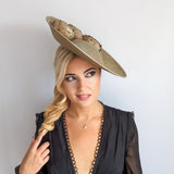 Gold shimmer flower large saucer disc fascinator hat - House of Hats