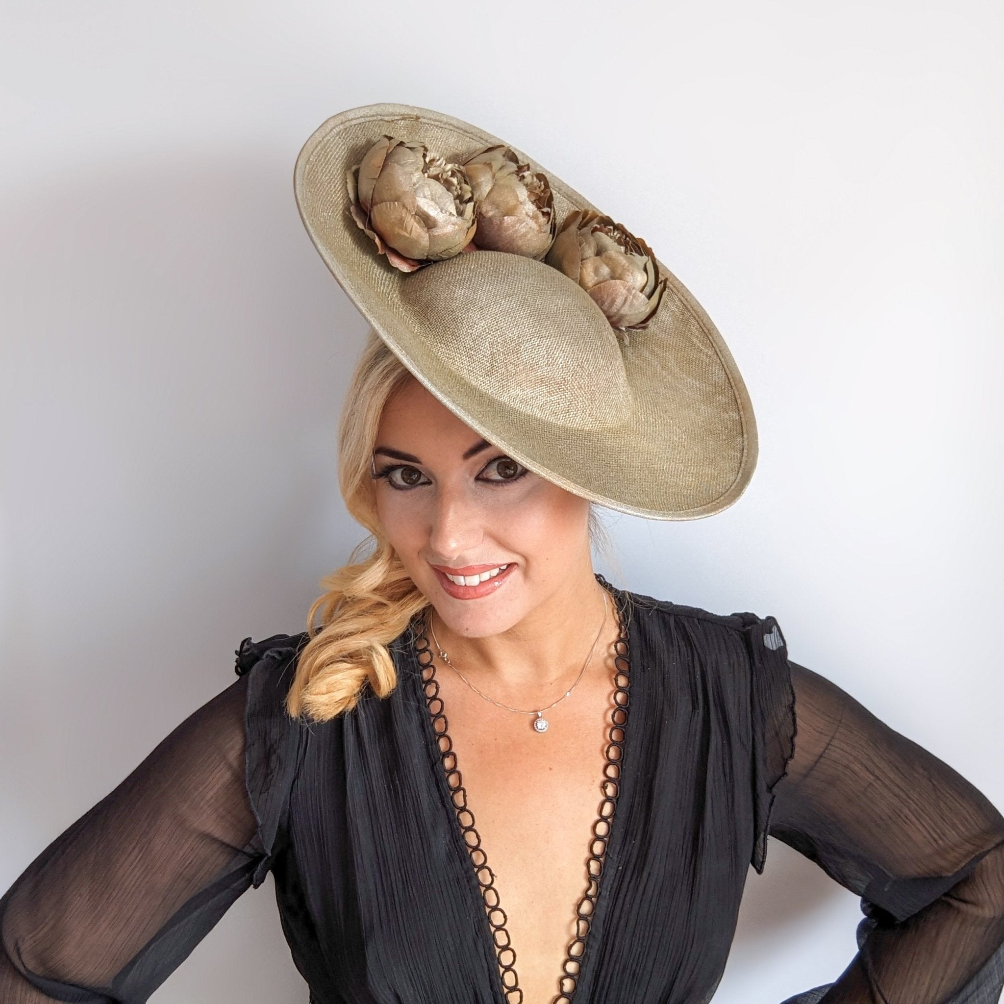Gold shimmer flower large saucer disc fascinator hat - House of Hats