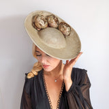 Gold shimmer flower large saucer disc fascinator hat - House of Hats